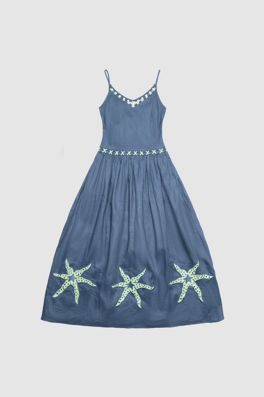 Women's stone blue cotton maxi dress with roped neckline by The Wolf Gang, elegant and versatile for day or evening wear.