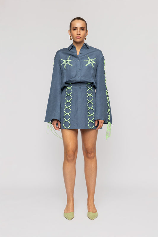 Women's long sleeve mini dress with roped detail and embroidered starfish by The Wolf Gang, perfect for day to night wear.