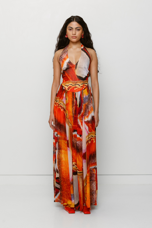 Versatile sheer Rumi Maxi Dress with adjustable skirt buttons by The Wolf Gang, customizable length for day or night wear.