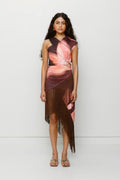 Floral print stretch jersey midi dress with asymmetric fringe hem and one-shoulder detail by The Wolf Gang, perfect for summer nights.