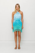 Women's asymmetrical mini dress with bold fringe by The Wolf Gang, ideal for festivals or cocktail parties.