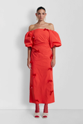 Mid-length off-shoulder dress with elasticated puff sleeves and velvet bow detail by The Wolf Gang, in pink, red, and black.