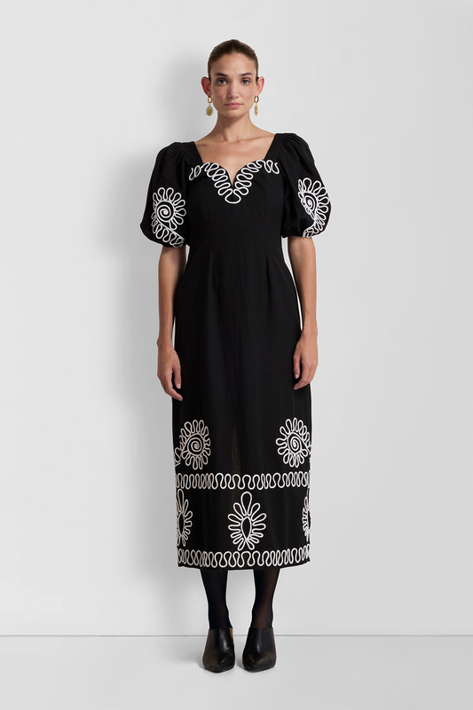 Carmensita Embroidered Midi Dress - Noir