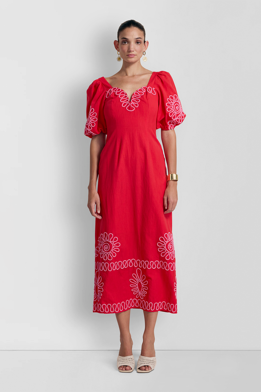Carmensita Embriodered Midi Dress - Rojo