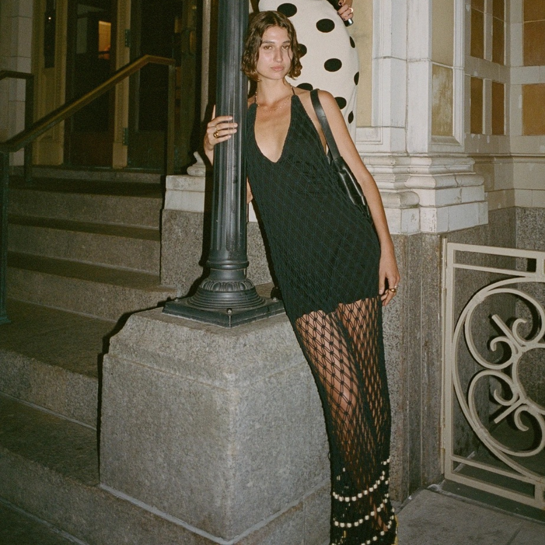 Roberta wears Reis Macrame Maxi Dress in XS