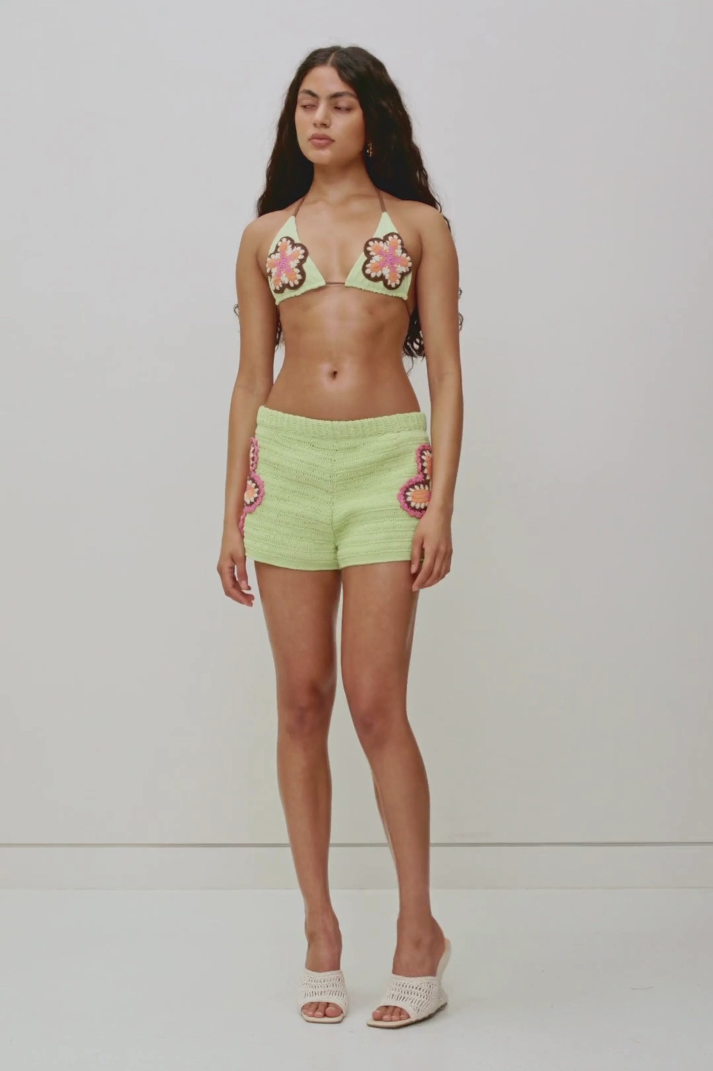 Lime hand-crocheted triangle bikini set with adjustable ties by The Wolf Gang, artisan made, sold as a set, perfect for summer.