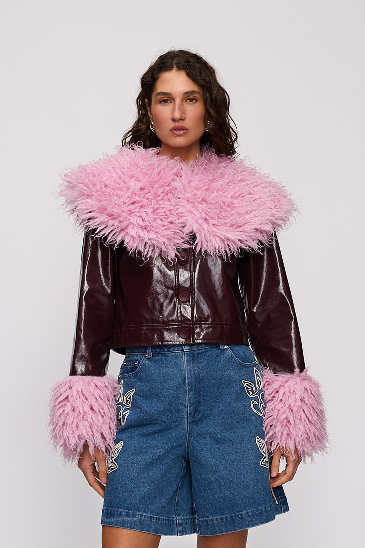 Abrigo Jacket in Berry by The Wolf Gang – close-up view