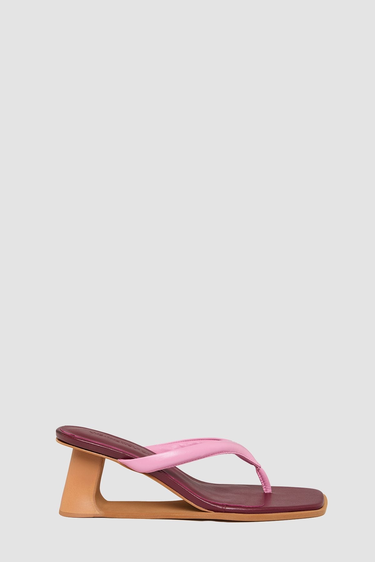 Allegra Heel in Pink by The Wolf Gang – side profile showing the sculptural wooden wedge