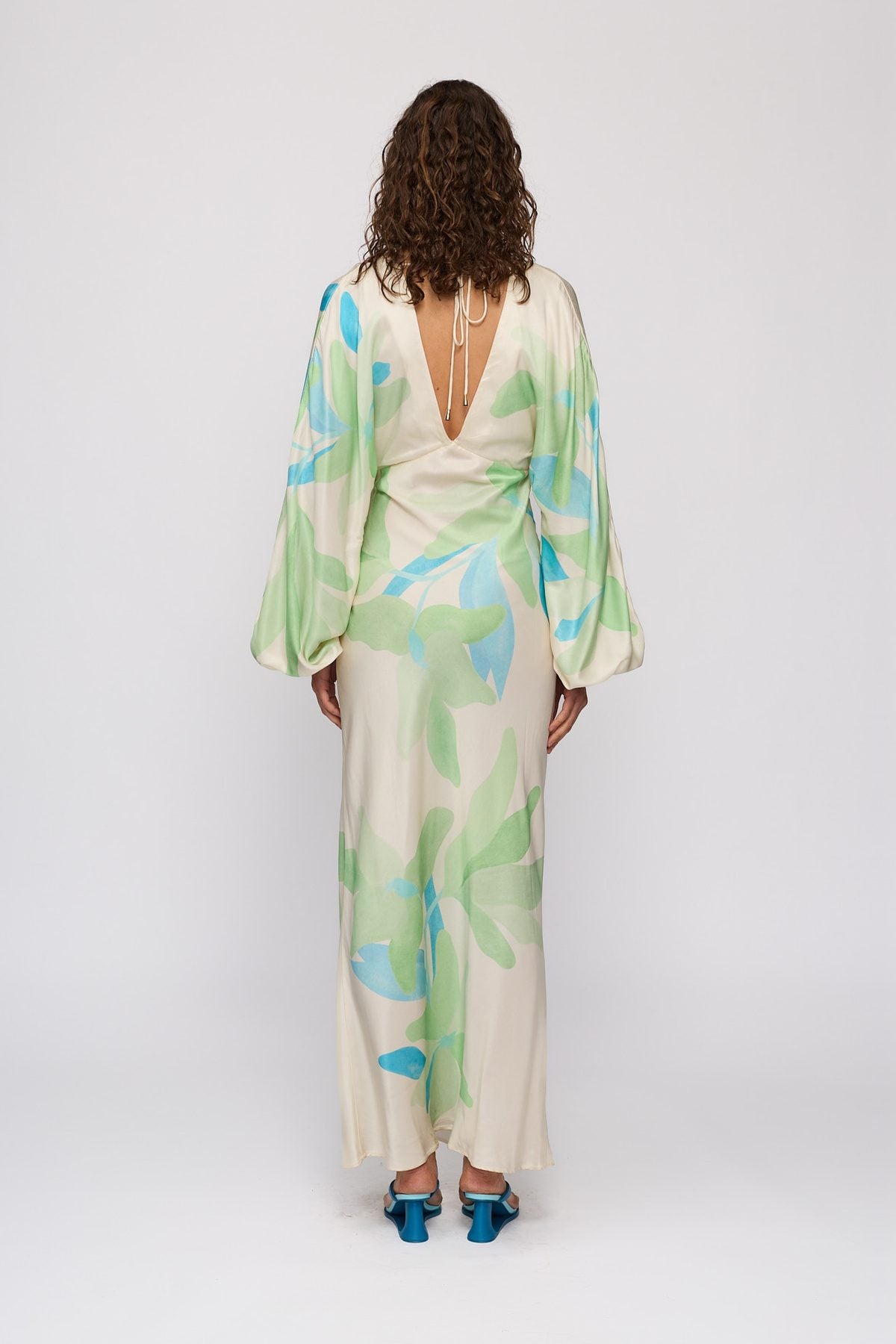 Concha Maxi Dress in Ocean Lily by The Wolf Gang – back view showing V-back and tie