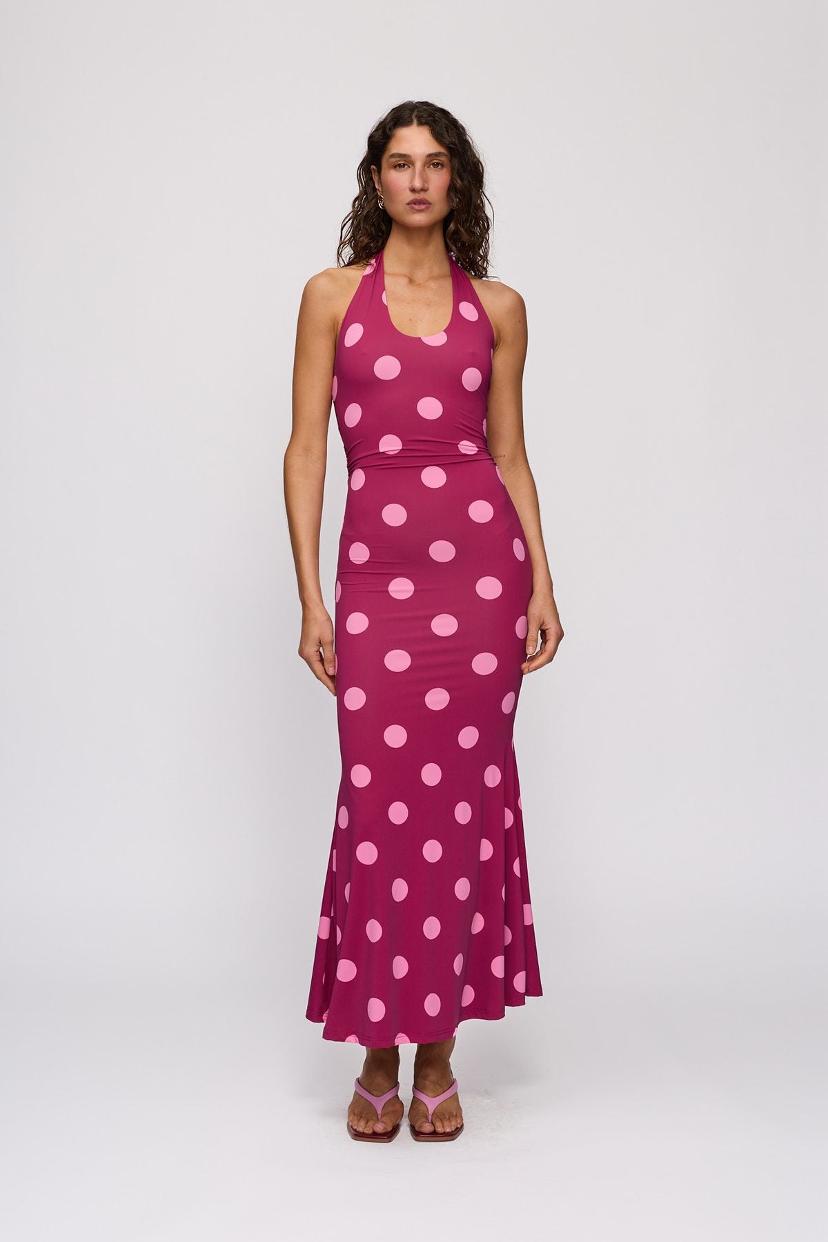 Giro Halter Dress in Berry Spot by The Wolf Gang – full-length view