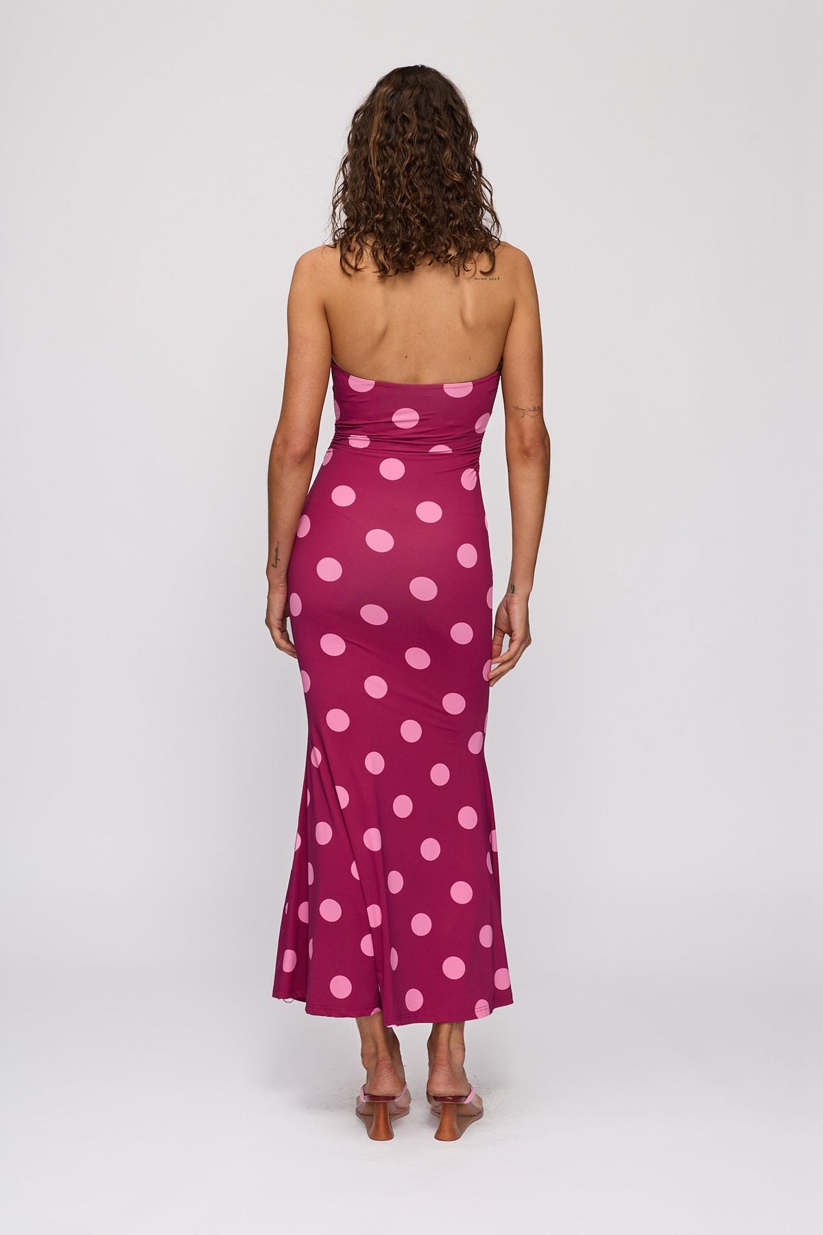 Giro Halter Dress in Berry Spot by The Wolf Gang – back view showing open halter back