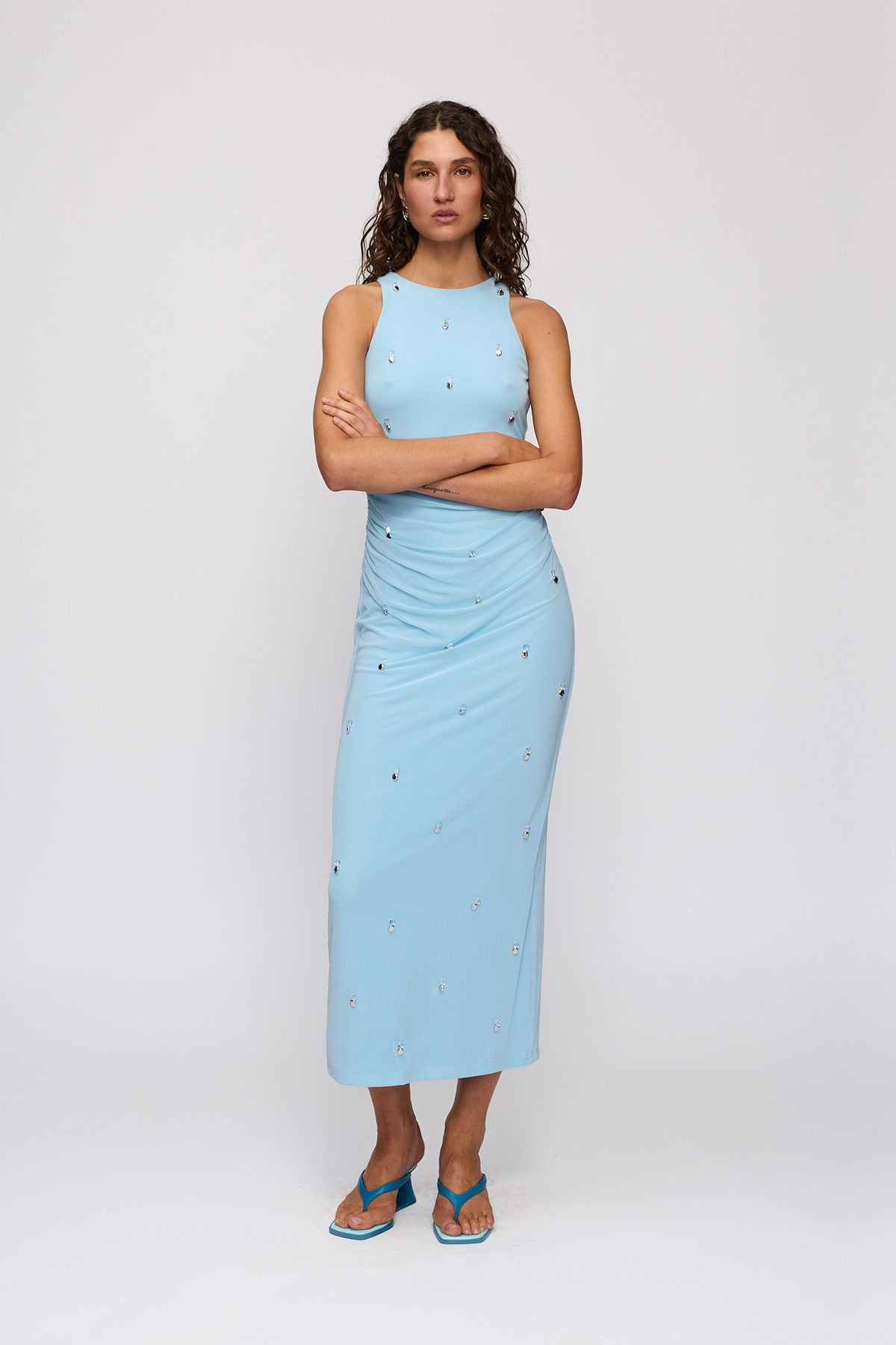 Melba Midi Dress in Sky by The Wolf Gang – full-length view