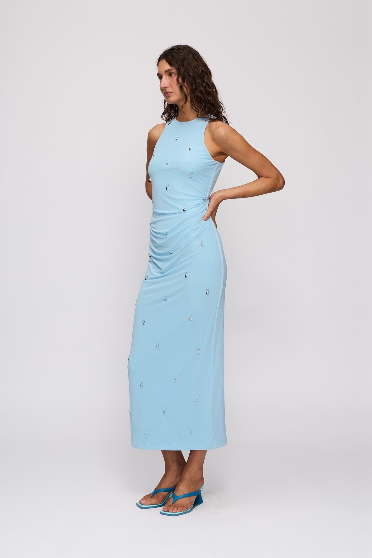 Melba Midi Dress in Sky by The Wolf Gang – side view showing ruching