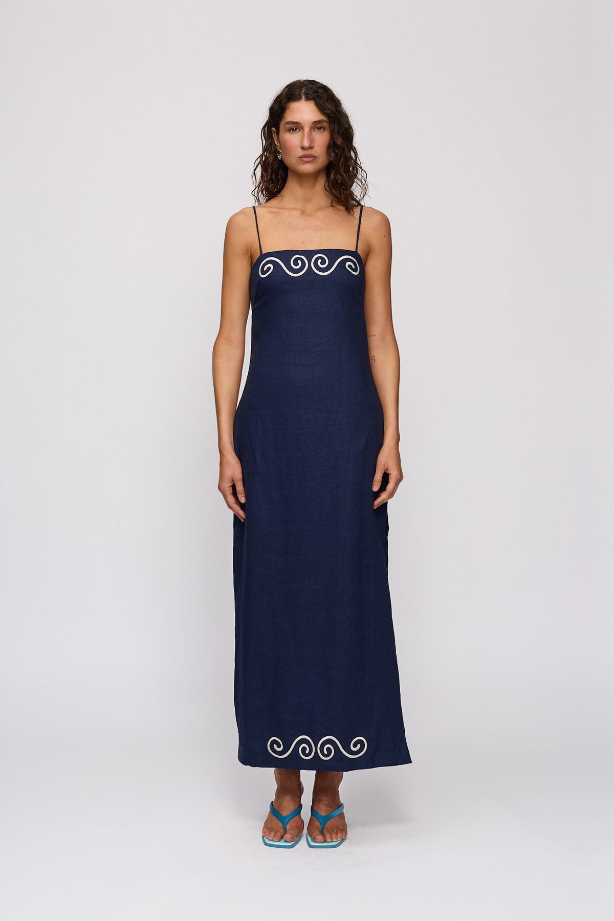 Seren Midi Dress in Navy by The Wolf Gang – front full-length view