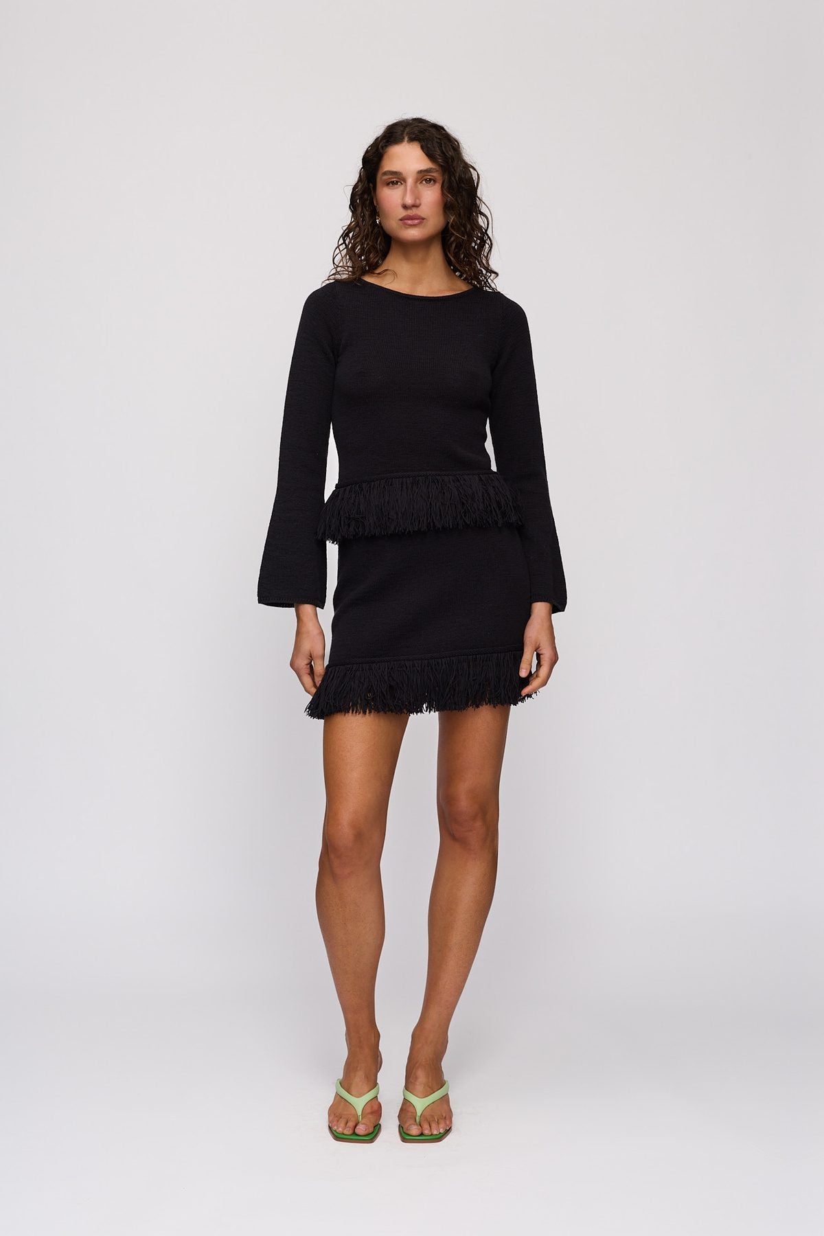 Tully Long Sleeve in Noir by The Wolf Gang – front full-length view (styled with Tully Mini Skirt)