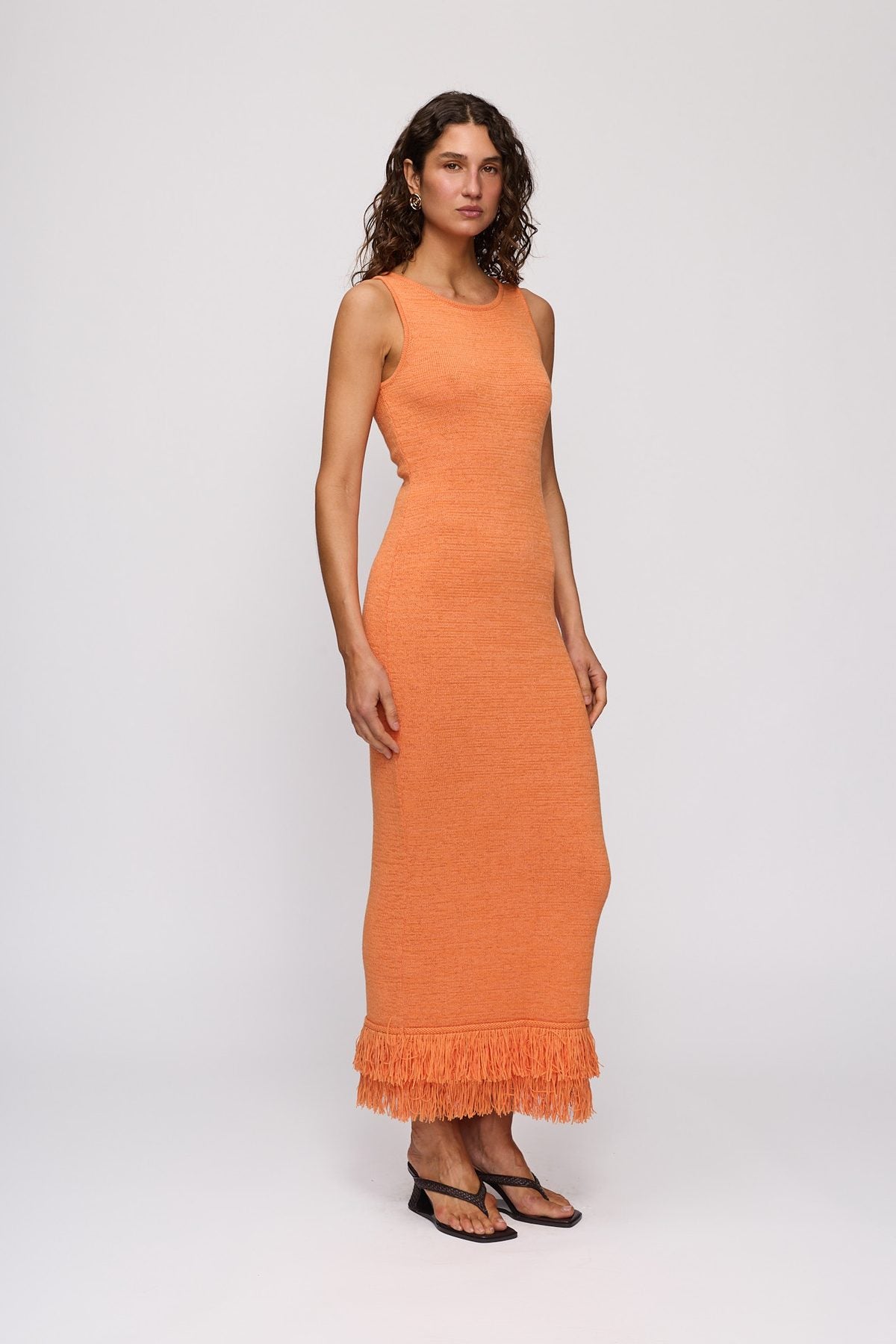 Tully Midi Dress in Tangerine by The Wolf Gang – full-length view