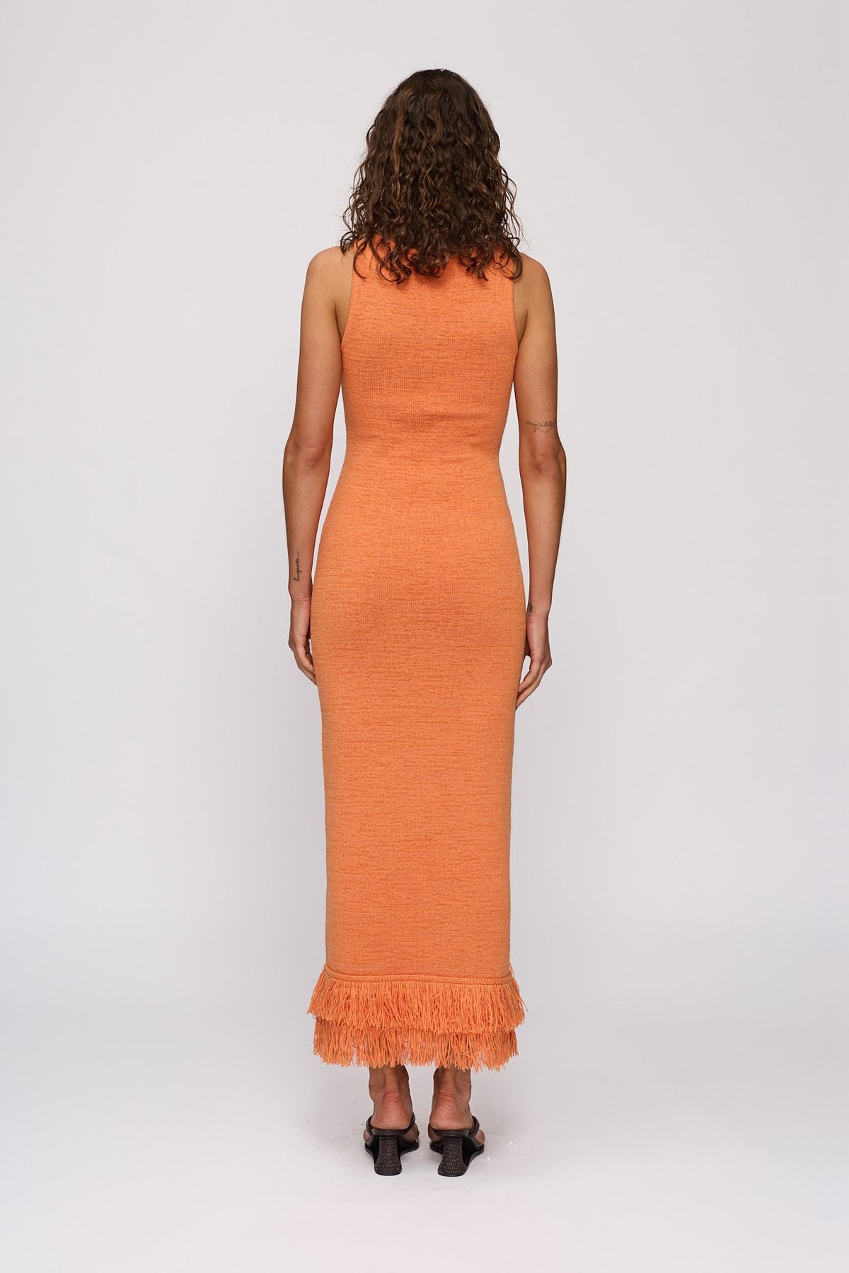 Tully Midi Dress in Tangerine by The Wolf Gang – back view
